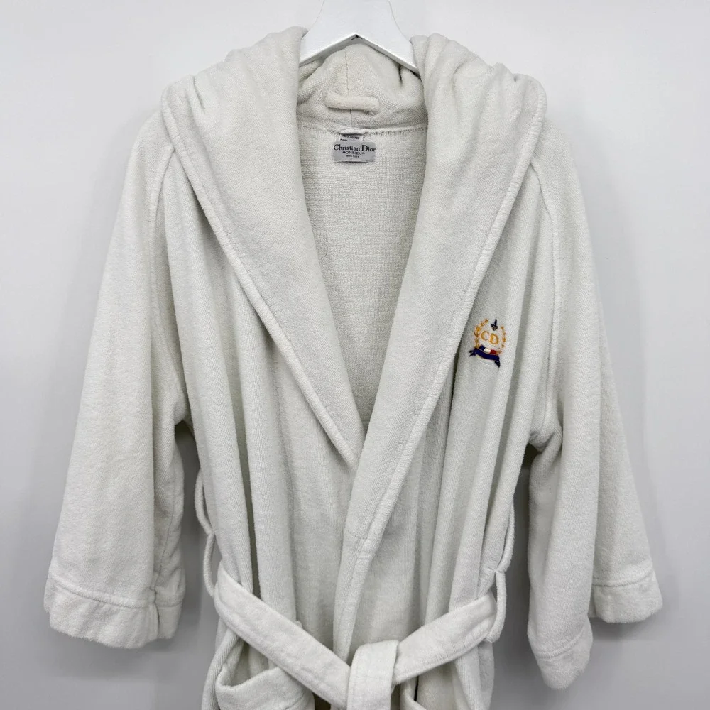 Vintage Christian Dior Monsieur Robe OS Terry Cloth Hooded Quiet Luxury Logo Spa